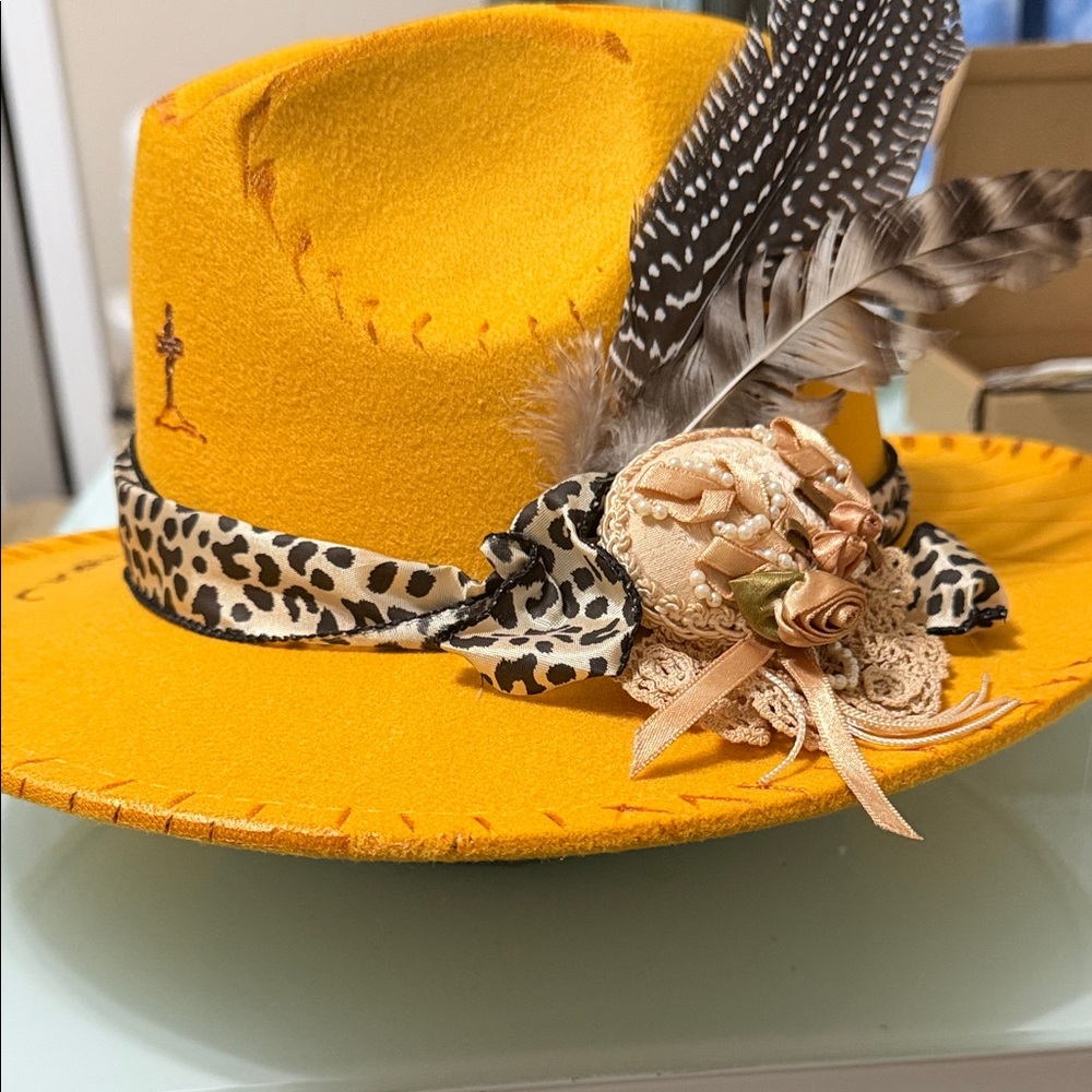 Mustard Yellow Women's Felt Fedora with Leopard Band & Feather Accent